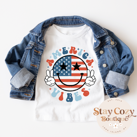 Youth America Vibes Shirt, Girl Memorial Day Outfit, Cute 4th Of July Tees For Girl Kid, Independence Day Apparel