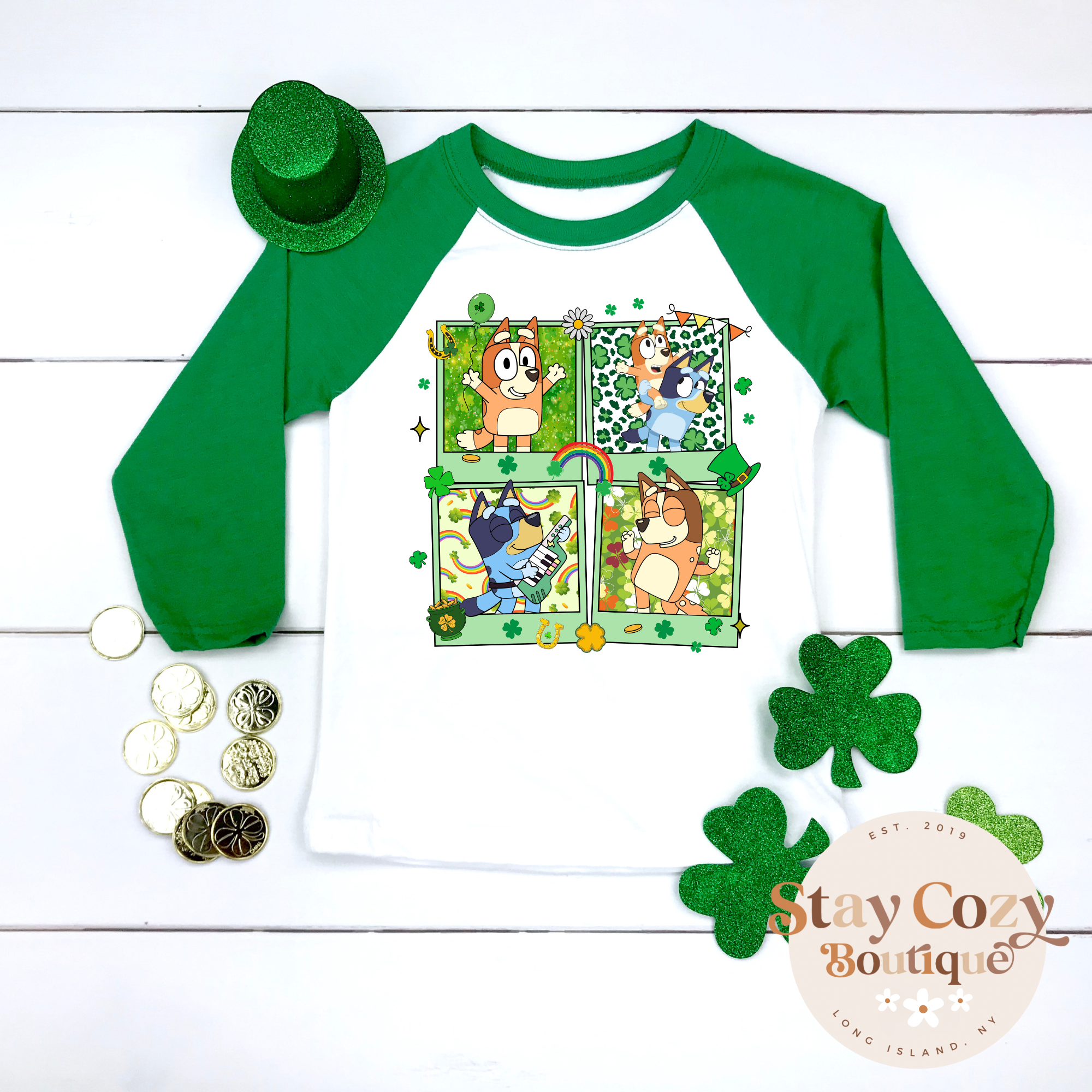 St. Patrick’s Bluey Youth Raglan | St. Patrick’s Day🍀 | The Lucky Collection | Stay Cozy Boutique