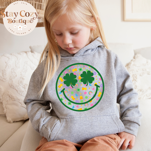 Youth Smiley Shamrock Lucky Charm Hoodie | Crewneck | T-shirt | St. Patrick’s Day🍀 | The Lucky Collection | Stay Cozy Boutique