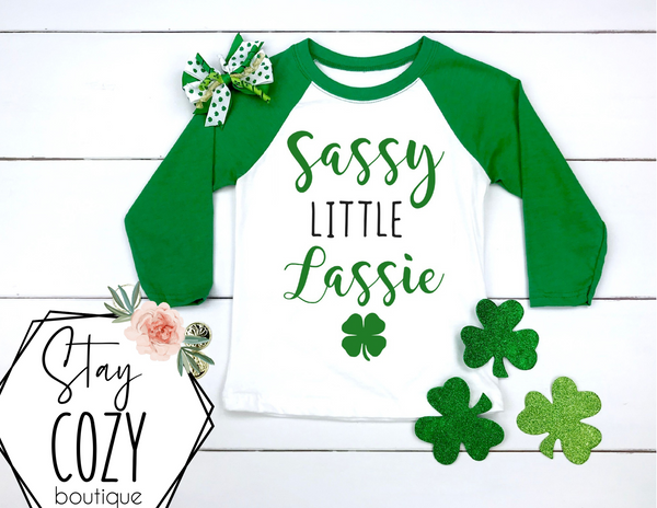 Sassy Little Lassie Youth Raglan | St. Patrick’s Day🍀 | The Lucky Collection | Stay Cozy Boutique