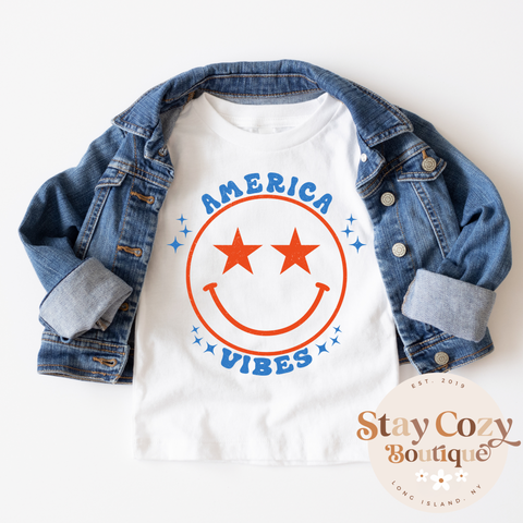 Youth America Vibes Shirt, Girl Memorial Day Outfit, Cute 4th Of July Tees For Girl Kid, Independence Day Apparel