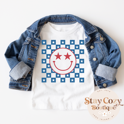 Youth Red White & Blue Smiley Shirt, Youth 4th of July Outfit, Cute 4th Of July Tees For Kid, Independence Day Apparel