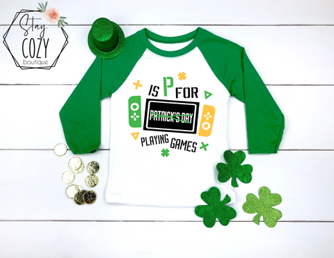 P is for Playing Games Youth Raglan | St. Patrick’s Day🍀 | The Lucky Collection | Stay Cozy Boutique