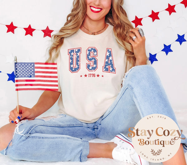 Retro USA Est 1776 Shirt, America 4th of July T-Shirt, USA Flag Shirt, Stars and Stripes Tee, American Women Shirt