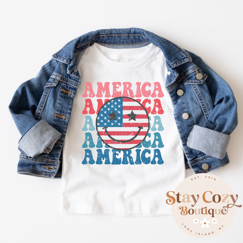 Youth Red White & Blue America Smiley Shirt, Youth 4th of July Outfit, Cute 4th Of July Tees For Kid, Independence Day Apparel