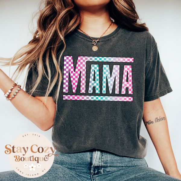 Retro Checkered Mama Comfort Color T-Shirt, Checkered Mama T-Shirt, Retro Mom Comfort Colors T-Shirt