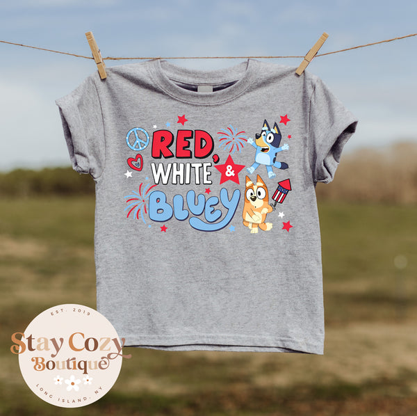 Youth Red, White & Bluey T-Shirt, Bluey 4th of July T-Shirt, Bluey Shirt, Bluey Dad Shirt, Bluey Family Shirt, Bluey and Bingo Shirt, Bluey Friends Shirt, Bluey Mom Shirt