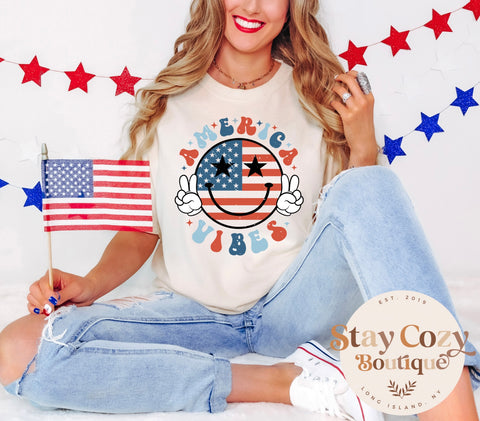 America Vibes Smiley Face Shirt, Comfort Colors Shirt, Independence Day Tshirt, 4Th Of July Shirt, Patriotic Shirt, America Peace Shirt