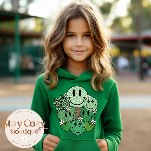 Youth Smiley Shamrock Hoodie | Crewneck | T-shirt | St. Patrick’s Day🍀 | The Lucky Collection | Stay Cozy Boutique