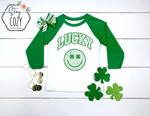 Lucky Smiley Youth Raglan | St. Patrick’s Day🍀 | The Lucky Collection | Stay Cozy Boutique