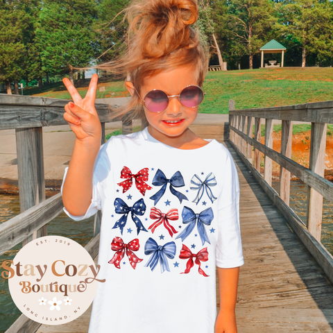 Youth Coquette Bows USA T-Shirt, 4th Of July, America T-Shirt, American Girl T-Shirt, America Coquette, Country july T-Shirt, 4th of July T-Shirt, Fourth Of July T-Shirt