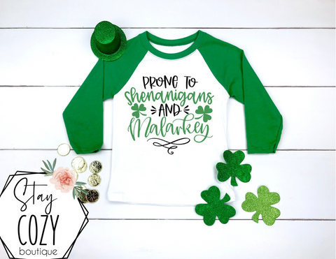 Prone to shenanigans and malarkey￼Youth Raglan | St. Patrick’s Day🍀 | The Lucky Collection | Stay Cozy Boutique