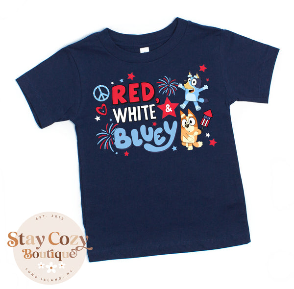 Youth Red, White & Bluey T-Shirt, Bluey 4th of July T-Shirt, Bluey Shirt, Bluey Dad Shirt, Bluey Family Shirt, Bluey and Bingo Shirt, Bluey Friends Shirt, Bluey Mom Shirt