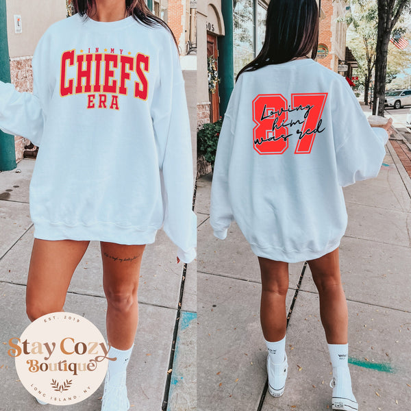 Loving him was Red In My Chiefs Era Crewneck Sweatshirt, Taylor Swift, Swiftie, Travis Kelce 87 Sweatshirt, 87 Chiefs Sweatshirt,