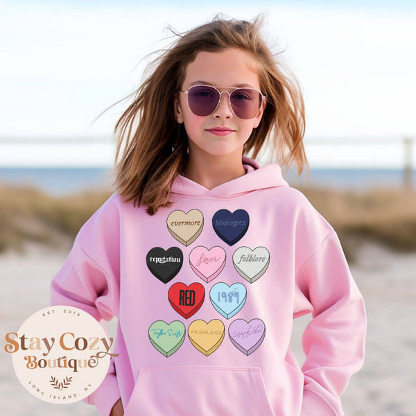 Youth Swiftie Conversation Era Hearts Hoodie, Swiftie Valentine Day Hoodie, Trendy Sweatshirt, Swiftie Sweatshirt, The Eras Tour Hoodie