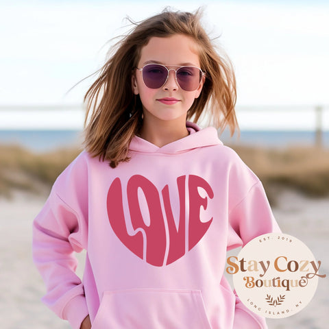 Youth Valentines Love Heart Hoodie, Retro Valentine Day Hoodie, Trendy Sweatshirt, Valentine’s Sweatshirt, Smiley Heart Hoodie